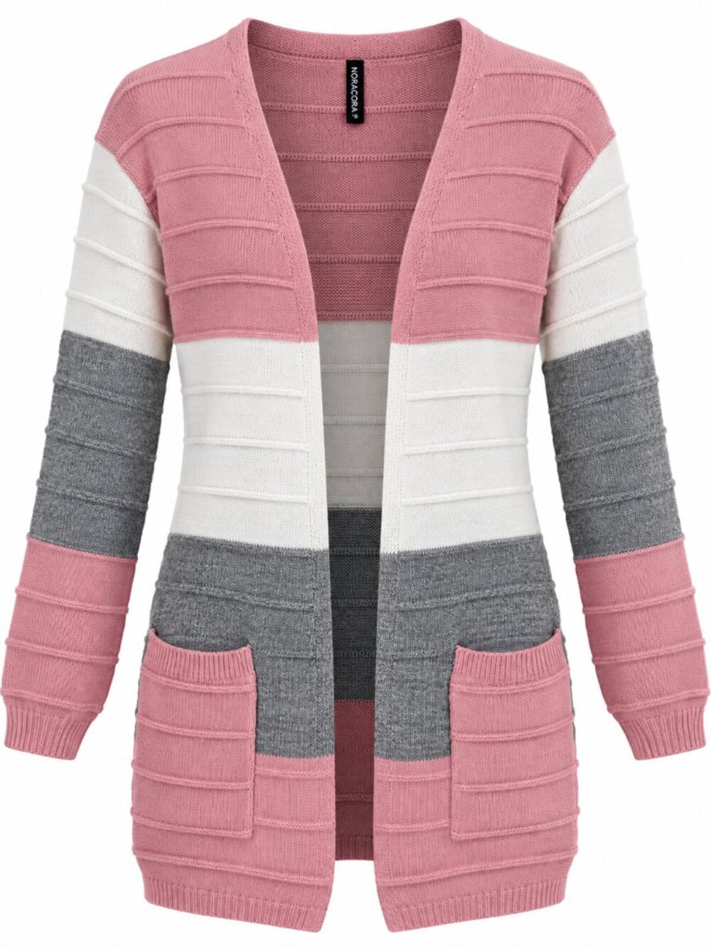 Noracora Women’s M Color Block Open Front Wool Knit Cardigan Pink Gray Cream